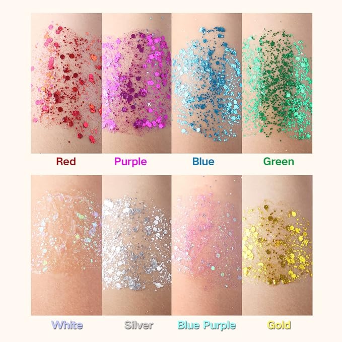 MEICOLY Silver Body Glitter,Music Festival Outfits for Women,Face Glitter Gel Festival Accessories,Chunky Glitter Face Paint,Mermaid Sequins Hair Glitter Makeup,Sparkle Body Glitter Gel for Women Kids