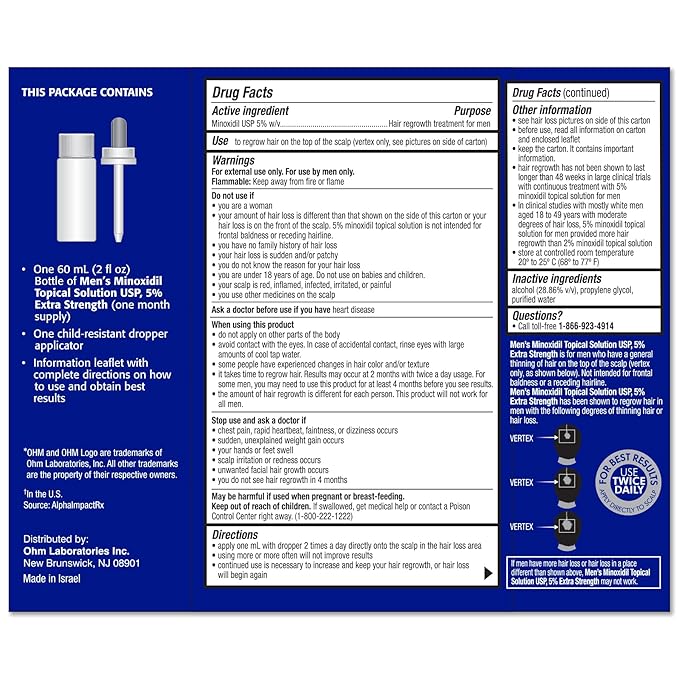 Minoxidil Men's 5% Solution 2oz Tincture Bottle (1 Month Supply) Clinically Proven to Regrow Hair, Topical Solution 5%, Hair Thinning Treatment