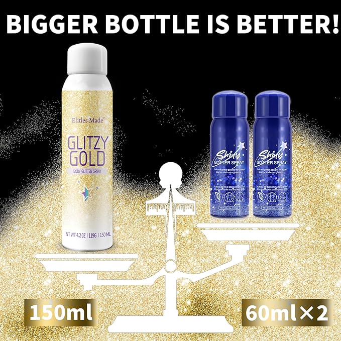 Hair Glitter Body Glitter Spray, 150ML Glitter Hairspray Gold Glitter Spray for Hair and Body, Hair Glitter for Kids Women, Body Shimmer Festival Rave and Makeup 4.2 Fl Oz