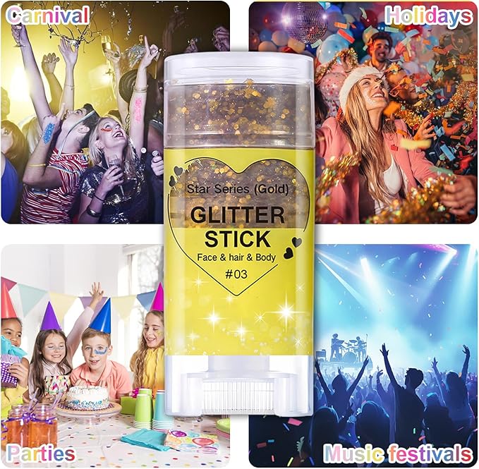 Gold Body Glitter Stick, Halloween Face Glitter Makeup,Holographic Hair Glitters Mermaid Makeup Rave Outfits for Women, Shimmer Face Paint Stick for Christmas (Gold)