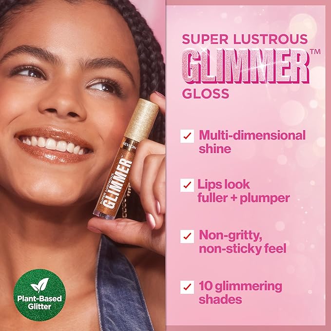 REVLON Super Lustrous Glimmer Gloss, Non-Sticky Lip Gloss, High-Shine Finish, Plant-Based Glitter, 006 Bronze Spark, 0.13 fl oz