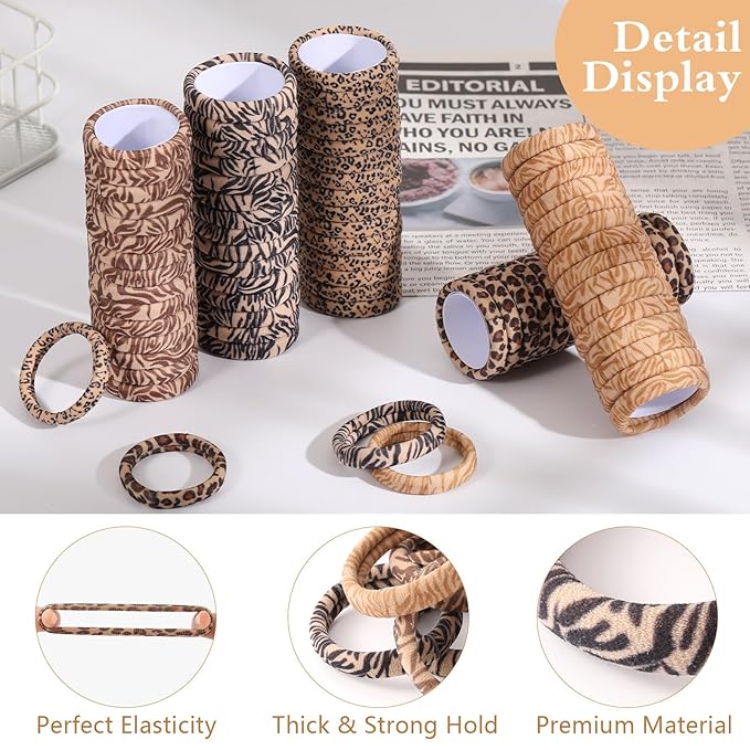 Bessrung 100PCS Seamless Elastic Hair Ties for Women Girls, No Damage Ponytail Holders for Thin Thick Hair, Leopard Animal Print Hair Bands for Women's Hair, Hair Accessories for Girls Christmas Gift