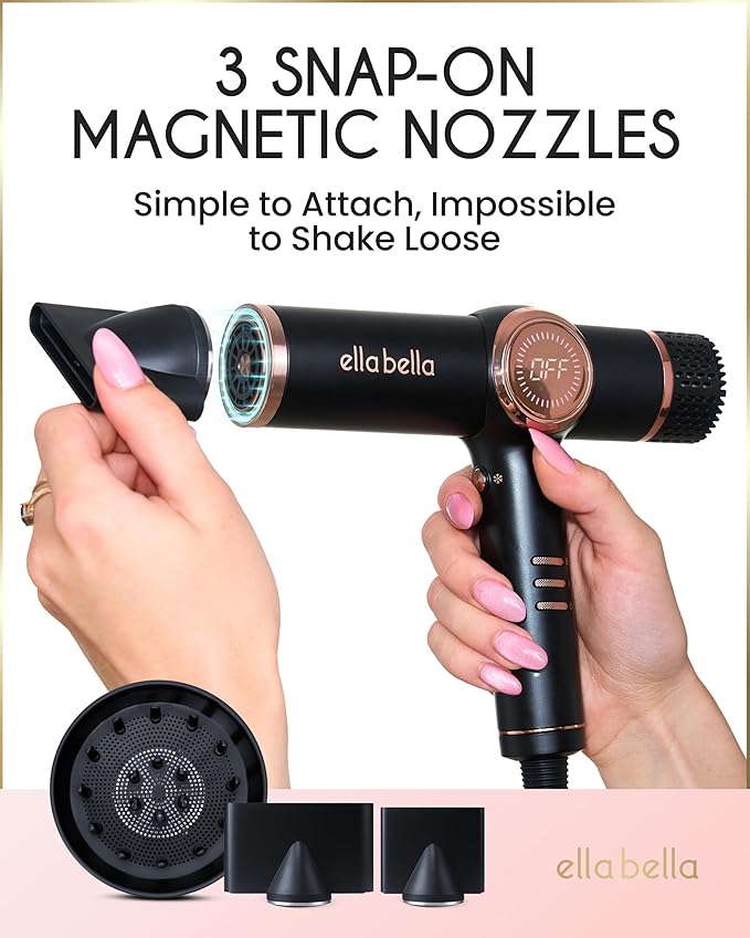 ELLA BELLA® Professional Ionic Hair Dryer with Diffuser • Negative Ion Blow Dryer • Suitable All Hair Types • Intelligent Heat Control & Rapid Drying Speeds • Lightweight Design • Low Noise Technology