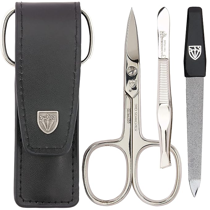 3 Swords Germany - brand quality 3 piece manicure pedicure grooming kit set for professional finger & toe nail care scissors file genuine leather case in gift box, Made in Solingen Germany