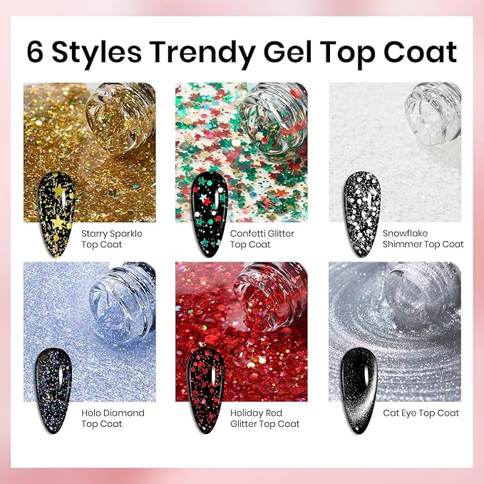 Beetles Christmas Limited Gel Top Coat Set, 6Pcs 10ml Winter Sparkle Glitter Cat Eye Top Coat Gel Nail Polish No Wipe Long Lasting Soak Off U V LED New Year Manicure Salon DIY Gifts for Women