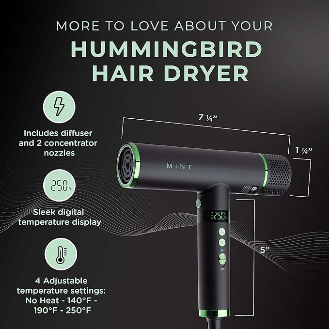 MINT Hummingbird Smart Professional Hair Dryer with Diffuser | Best Lightweight Blow Dryer with Brushless Motor | High Speed Ionic Hair Dryer with Ultra Quiet BLDC Motor