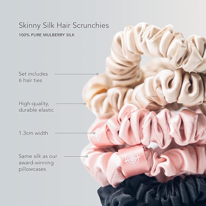 Fishers Finery 25 Momme Pure Mulberry Silk Skinny Scrunchies | Hair Tie Set for Thin Hair (Pink- 6 Pk)