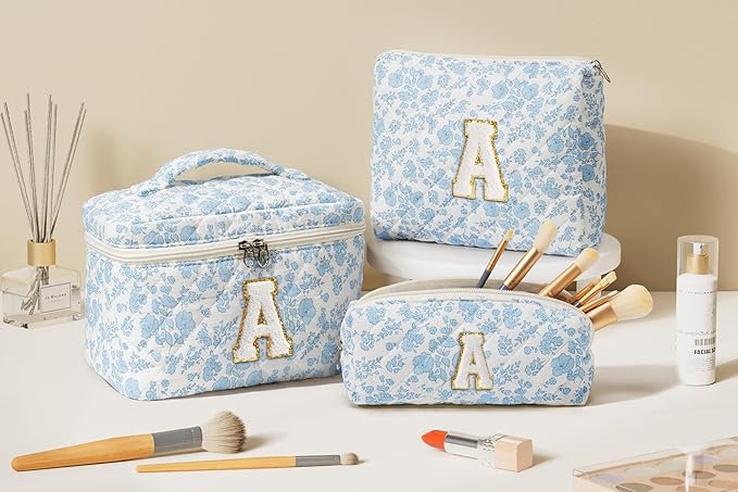 Birthday Gifts for Teen Girls Women, Personalized Initial Makeup Bag Quilted Cosmetic Bag Floral Make Up Bag Travel Toiletry Bag Teen Girl Gifts Trendy Stuff Christmas Gifts for Mom Daughter Friends