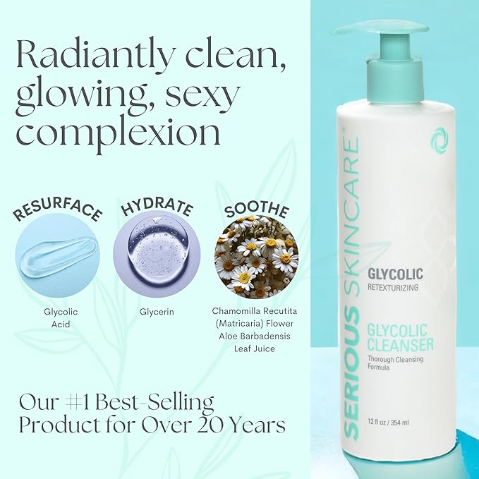 Serious Skincare - Glycolic Radiant Skin Set - Improve Appearance of Lines, Wrinkles and Enlarged Pores - Face Wash Cleanser, Gommage Exfoliating Clay Mask & Retexturizing Treatment Pads (3piece)