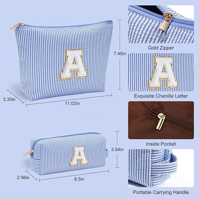 YOOLIFE Cute Makeup Bag for Girls Women - Personalized Initial Blue Makeup Pouch for Girlfriend Bridesmaid Wife | Cosmetic Travel Toiletry Bag for Her Mom | Birthday Preppy Stuff C
