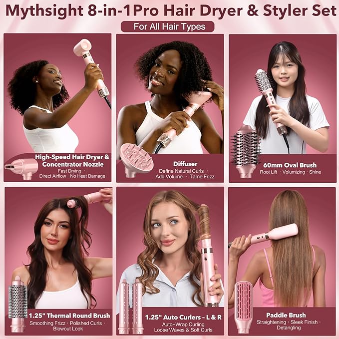 StyleVibe 8-in-1 Air Styler, Hair Dryer & Blow Dryer Brush with Travel Case - Auto Wrap Curls (L/R), Fast Drying, Thermal Round Brush for Smooth Blowouts & Frizz-Free Volume, No Heat Damage