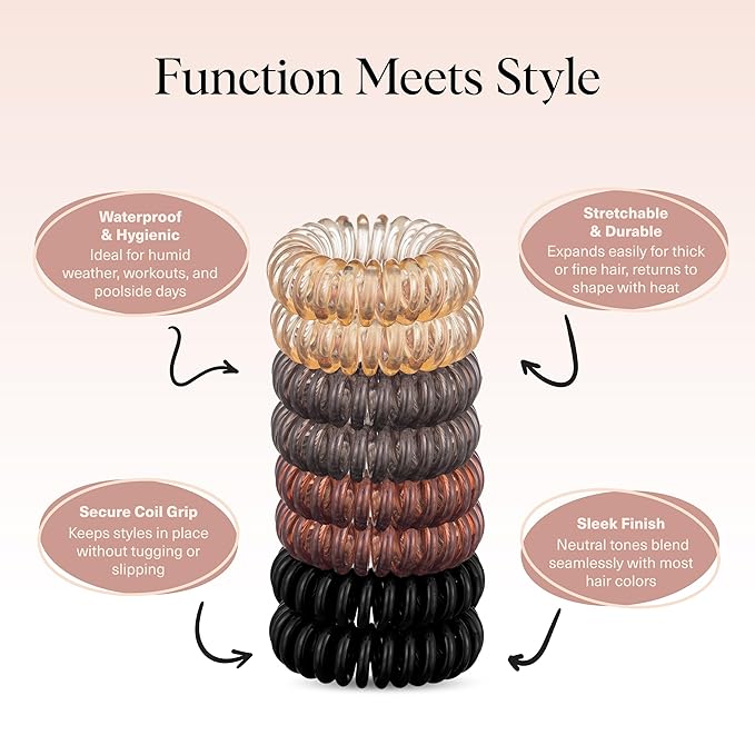 Kitsch Spiral Hair Ties for Women – Hair Ties No Damage, Ponytail Holders for Thick and Thin Hair – Creaseless and Dent-Free Coil, Phone Cord Style | Ideal Gifts for Women - 8pc Set, Brunette