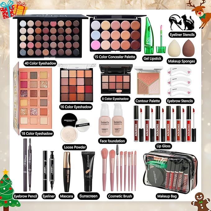 All in One Makeup Kit for Women Full Kit,Makeup Set for Women, Includes Eyeshadow Palette/Foundation/Lipstick/Eyeliner/Mascara/makeup Brush,Makeup Gift Set for Christmas & Birthday&Holiday&Everyday.