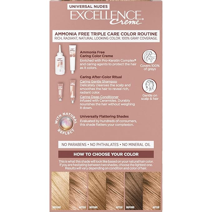 L’Oreal Paris Excellence Universal Nudes Permanent Hair Color, Ammonia Free Hair Dye for Gray Hair Coverage, 8N Natural Blonde, 1 Hair Dye Kit (Pack of 2)