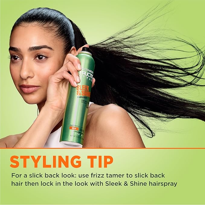 Garnier Fructis Style Sleek and Shine Anti-Humidity Hairspray, Ultra Strong Hold, Frizz Protection 8.25 Oz, 1 Count (Packaging May Vary)