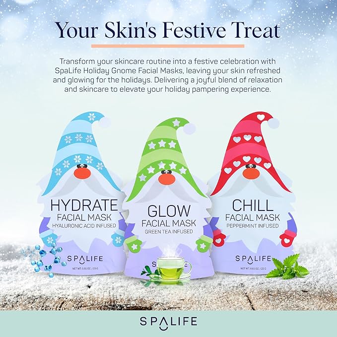 SpaLife Holiday Gnome Facial Masks 9 Pack | Sheet Masks for Skin Rejuvenation, Hydration and Moisturizing Variety Pack | Korean Skin Care Mask, Christmas Face Mask Set