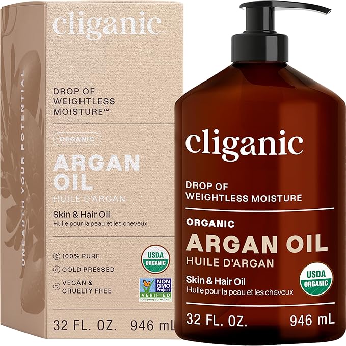 Cliganic Organic Argan Oil for Hair, Face & Skin (Bulk, 32oz with Pump) - 100% Pure, Cold Pressed