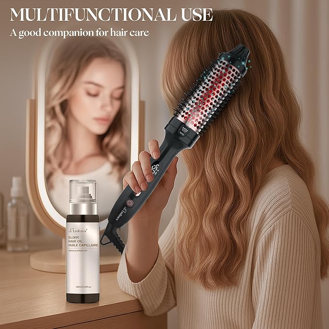 Infrared Bounce Brush, Heated Thermal Round Brush with Negative Ion Technology, 8 Heat Settings for Blowout Look with Hair Care Oil, Straightening & Curling, 1.5" Barrel for All Hair Types, Black
