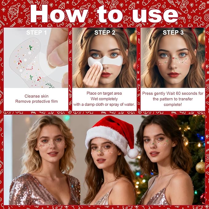 8Pcs Christmas Face Makeup Patches, Glitter Freckles Face Tattoo for Teenagers & Young Women, Sparkle Freckles Waterproof Face Glitter Freckles for Christmas (8PcsI)