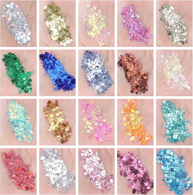 AROIC 40 Colors Body Glitter, Hair Glitter for Kids Women Makeup, Glow in The Dark, Eyeshadow Hair Gel Face Sparkles, Body Makeup for Festivals, Raves, Anime Cosplay, Concerts Festival Face Paint