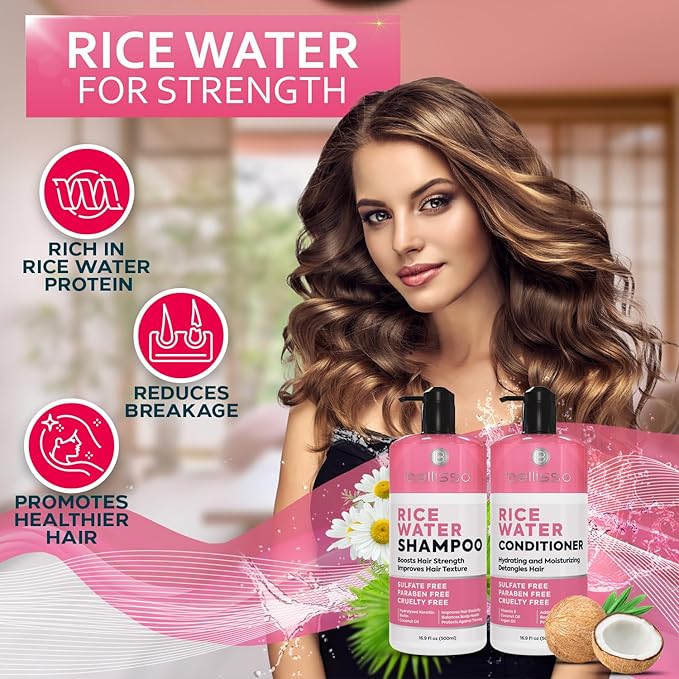 Rice Water Shampoo and Conditioner Set - Sulfate Free for Thin and Fine Hair - Fuller, Thickening Formula for Women and Men - With Strengthening Saw Palmetto - Anti Thinning, Volumizing for Thick Hair