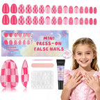 16 Sizes Press on Nails Kit for Kids - 32 Pieces French Almond Fake Nail Tips for Girls 8-12 Years Old with Jelly Nail Adhesives & No-Lamp Nail Glue, Birthday Christmas Gifts (Rose Pink Grid)
