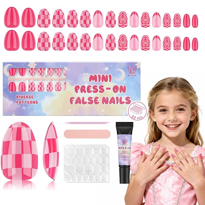 16 Sizes Press on Nails Kit for Kids - 32 Pieces French Almond Fake Nail Tips for Girls 8-12 Years Old with Jelly Nail Adhesives & No-Lamp Nail Glue, Birthday Christmas Gifts (Rose Pink Grid)