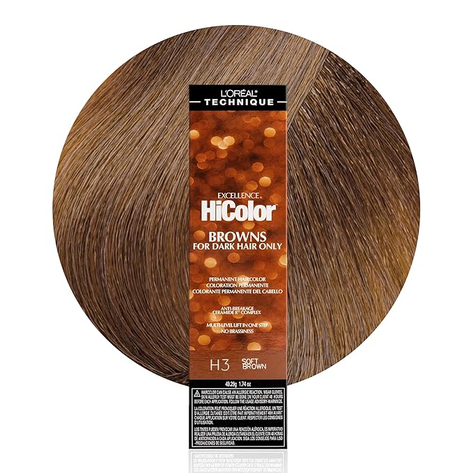 L'OREAL TECHNIQUE HiColor Browns & Blondes Permanent Hair Color - Lifts Dark Hair in One Step Leaving No Brassiness, Rich and Smooth Creme Formula, Intense & Long-Lasting, H3 Soft Brown