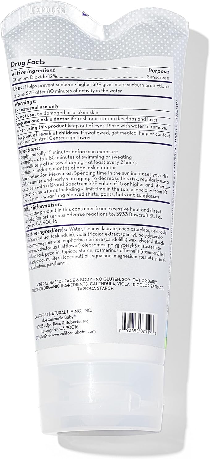 California Baby Super Sensitive SPF 30+ Sunscreen | Unscented | Mineral Based | Titanium Dioxide | Travel Size Baby Sunscreen for Face + Body | 2.9oz