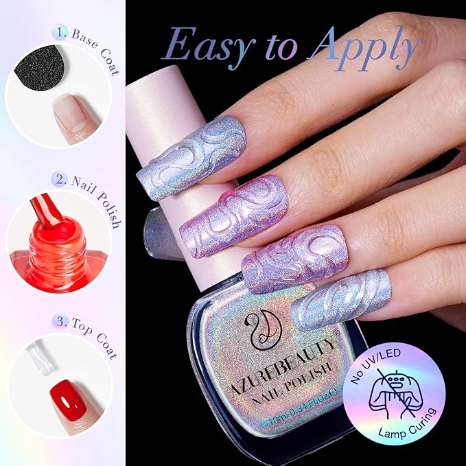 AZUREBEAUTY Holographic Nail Polish no Gel Fast Drying Pink Silver 2 Colors Natural Nail Lacquer High Shine DIY Salon Home Women Gifts 2Pcs 0.34oz