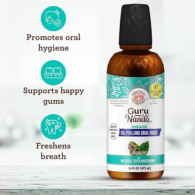 GuruNanda CocoMint Oil Pulling Mouthwash for Complete Oral Hygiene, 7 Essential Oils & Vitamins for Happy Teeth & Gums & Fresh Breath, Alcohol-Free, 16 oz