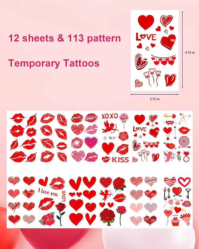 Temporary Tattoos for Kids, 12 Sheets Love Heart Confession Decorations for Classroom Girls Boys School Class Bday, 113pcs Pattern for Festivals and Parties (Red - Love)