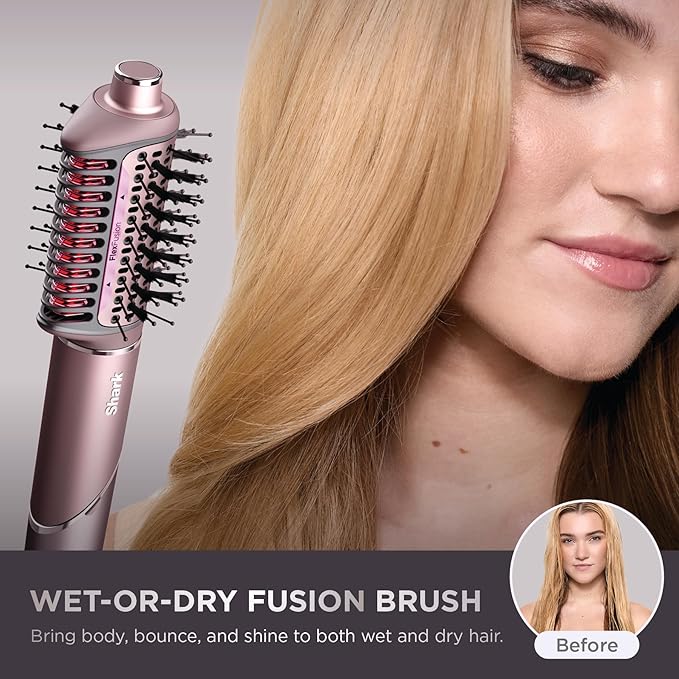 Shark FlexFusion Hair Straightener & Powerful Dryer with Diffuser, Fusion Hair Brush, Ceramic Air Styler with Auto-Wrap Curlers, Ceramic Plates, Cosmic Blush HD642S