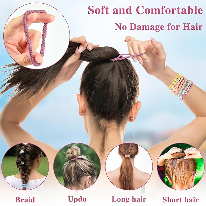 Hair Ties for Women, 72PCS Boho Hair Accessories 5 Styles 24 Colors No Damage for Thick Hair Bracelets