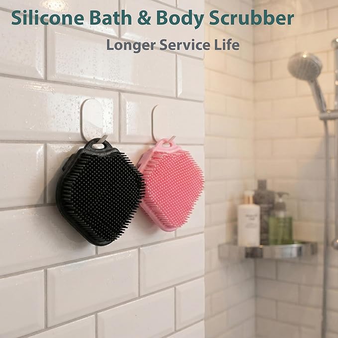 2 PC Silicone Body Scrubber, Exfoliating Shower Bath Scrubber, Soft Silicone Loofah for Sensitive Skin, Shower Hair Scalp Massager, Easy to Clean, Lather Well Black&Pink