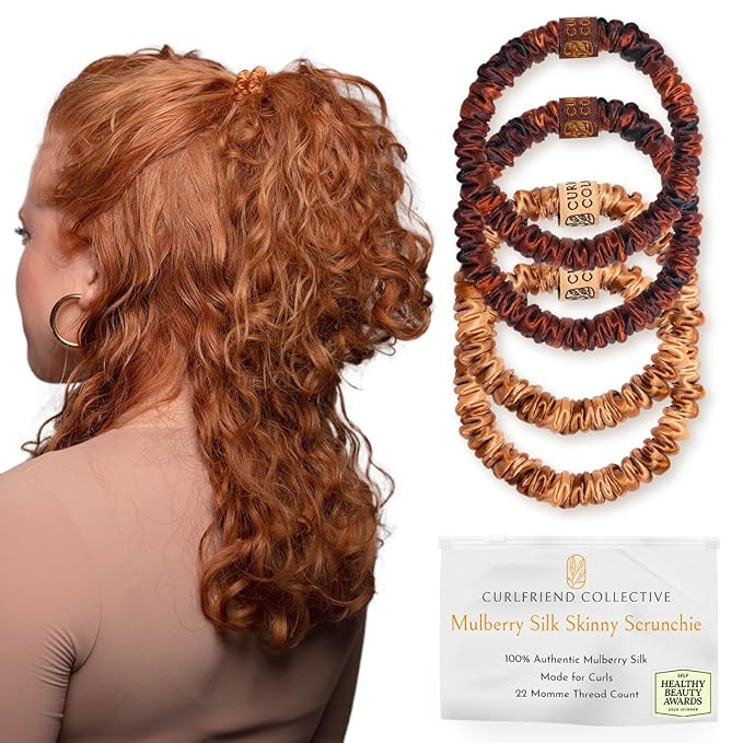 Authentic Mulberry Silk Skinny Hair Match Scrunchies for Women, Anti Breakage Hair Ties for Curly Thick & Thin Hair, 100% Silk for Buns & Ponytail, Strawberry/Auburn (4 Pack)