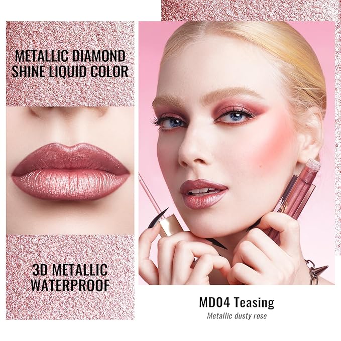 Oulac Metallic Shine Liquid Lipstick Set for Women, Dual Use for Lips & Eyeshadow, Long Lasting Lip Gloss, Metallic Matte High Impact Lip Color No Transfer Vegan Formula, 4.5ml, MD01+04+07