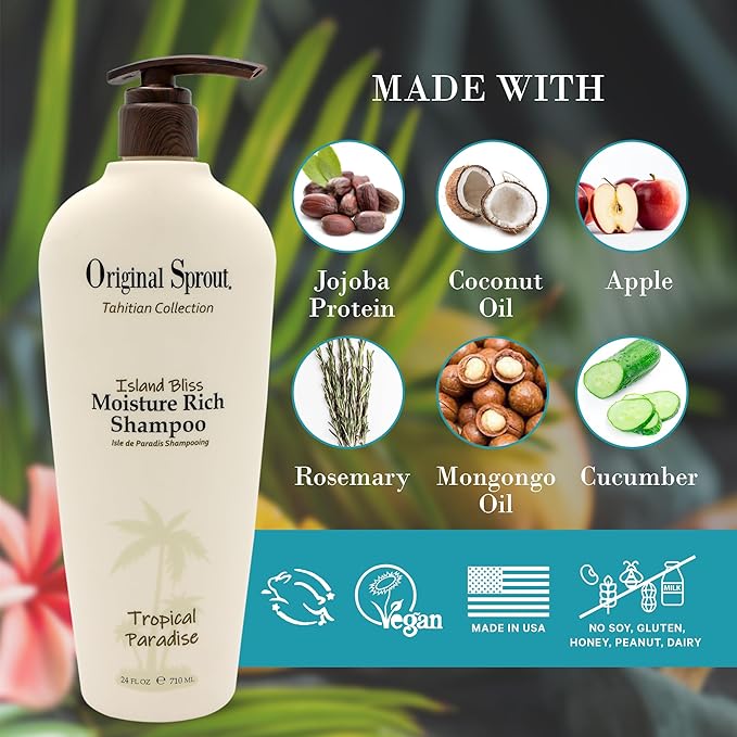 Original Sprout Island Bliss Moisture Rich Shampoo for All Hair Types Including Color-Treated, Damaged & Dry Hair, Hydrating & Moisturizing Shampoo with Coconut Oil, Vegan, Sulfate Free, 24 fl oz
