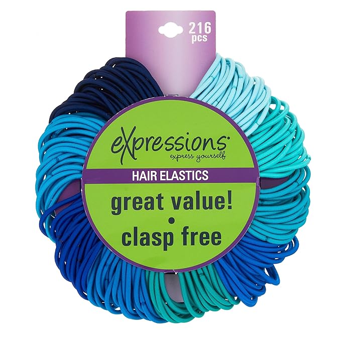 Expressions 216-Piece Hair Ties Value Pack: 4mm Elastics in Shades Of Blue, No Metal Bands for Women, Durable Ponytail Holders for Thick, Curly and All Hair Types