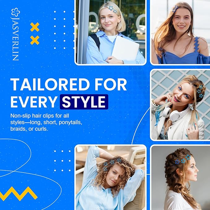 Star Hair Clips for Girls, 36 pcs Cute Accessories Kawaii Metal Snap Hairclips for Women Kids, Colorful Y2k Aesthetic Glitter Stars Barrettes Assorted Size (Blue)