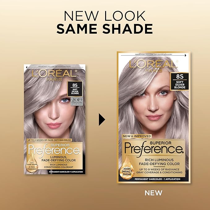 L'Oreal Paris Superior Preference Luminous Fade-Defying Permanent Hair Color, Hair Dye For Up to 9 Weeks of Radiance, Light Silver Blonde 8S, 1 Hair Dye Kit