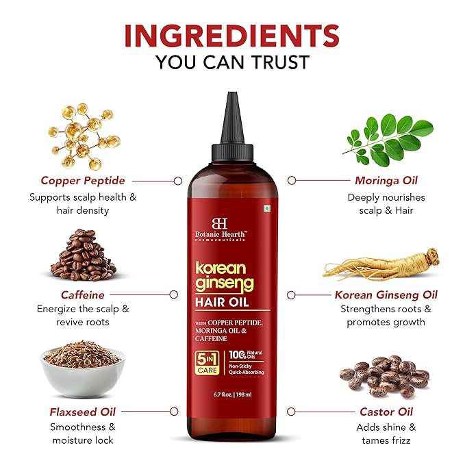 Botanic Hearth Hair Oil for Hair Growth | Strengthening Dry, Frizzy, Damaged Hair & Scalp Treatment | No Parabens or Harmful Sulfates | All Hair Types | Korean Ginseng Hair Oil - 6.7 Fl Oz