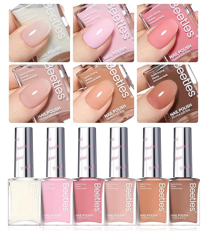 Beetles Jelly Nail Polish Set,6 Colors Pink Nude Jelly Quick Dry Nail Polish Fingernail Fast Drying & Long Lasting Nail Strengthener Polish Gifts for Women