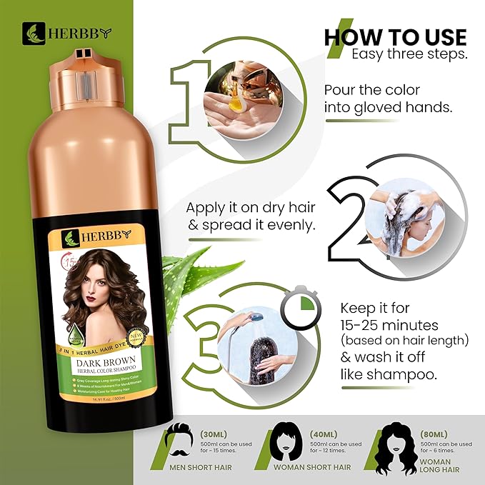 HERBBY Hair Color Shampoo for Gray Hair Coverage&Color Transform with 9 Herbal Extracts –Long Lasting(6-8 Weeks),Shiny,Evenly Colored,Instant Hair Dye Shampoo&Conditioner, 500 Ml (DARK BROWN COLOR)