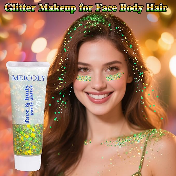 MEICOLY Gold and Green Face Glitter,Green Face Glitter,Gold Hair Accessories,Sparkle Halloween Body Glitter Makeup for Mardi Gras Carnival Festival Party,St Patricks Day Accessories
