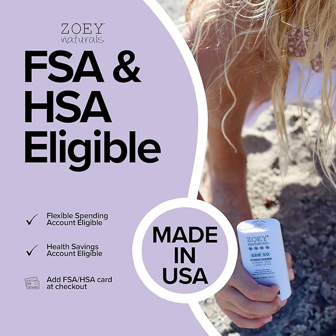 Zoey Naturals SPF 50 Mineral Sunscreen Stick for Babies & Kids - Safe Sunblock Moisturizer for Body & Face - with Rose Hips Oil, Zinc Oxide, Cruelty Free and Reef Safe, Made in USA