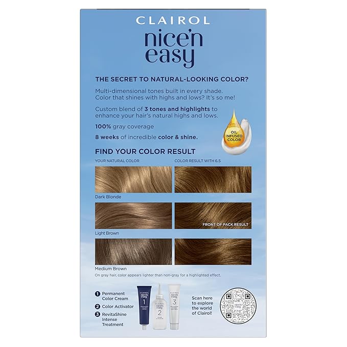 Clairol Nice'n Easy Permanent Hair Dye, 6.5 Lightest Brown Hair Color, Pack of 1
