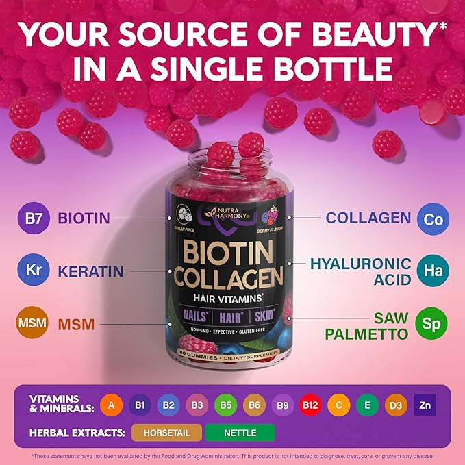 Biotin Gummies with Collagen - Hair Growth Support Skin, & Nail Strength - for Women & Men - Biotin 10000mcg | Keratin | Hyaluronic Acid | B-Complex | Saw Palmetto - Sugar-Free, Mixed Berry, Pack of 2