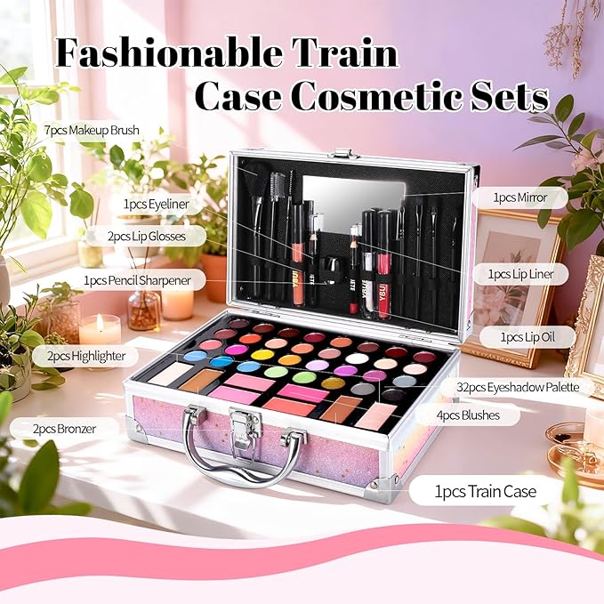 Beginner Makeup Kit for Teen,Makeup Set for Girl Women,Beginner Makeup Kit with Cosmetic Train Case Included 32 Colors Eyeshadow Blush Contour Lip Gloss Lip Liner Eyeliner Brush Set Mirror