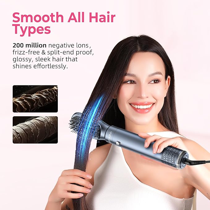 6 in 1 Hair Dryer Brush, Detachable Air Styler, 3 Heat Settings Blow Dryer Brush Frizz-Free Volumizing, Straightening, Curling ALCI Safety Plug for Travel & Home Styling (Blue-Pink)